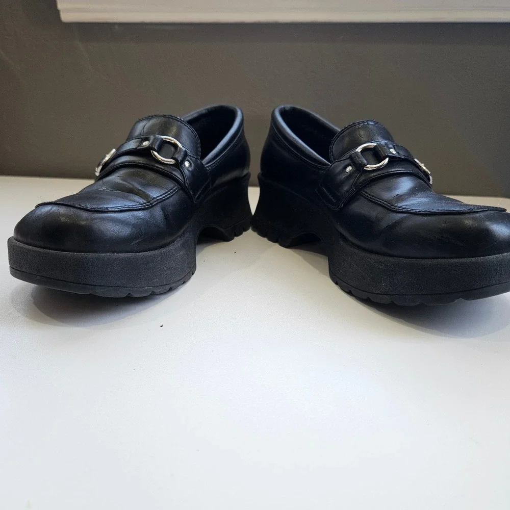 Vintage LEI 90s Y2K Black Chunky Platform Loafers Buckle Shoes Womens Size 6M